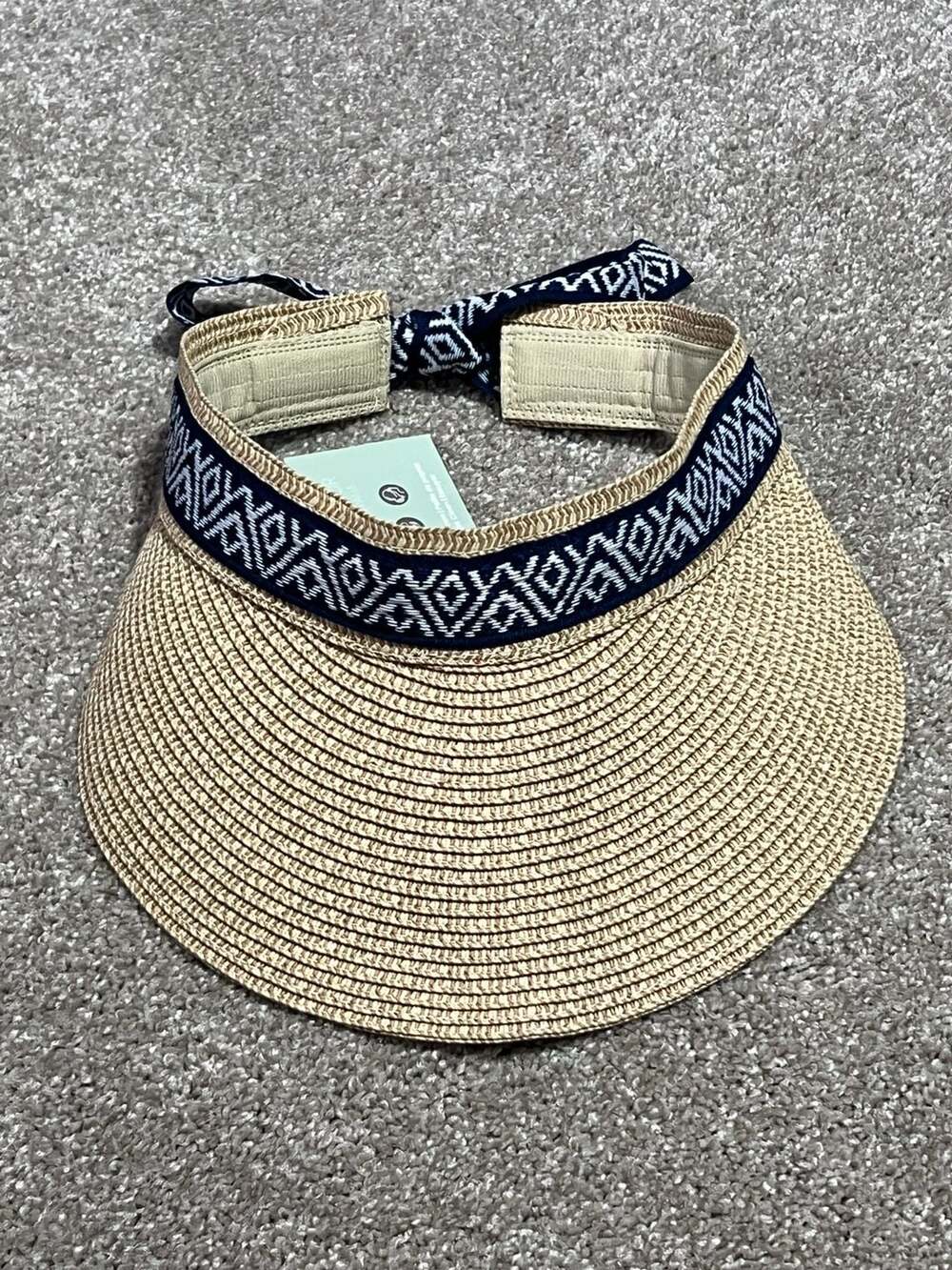 NWT Sea & Grass Straw Visor with Geometric Navy Ribbon Tie